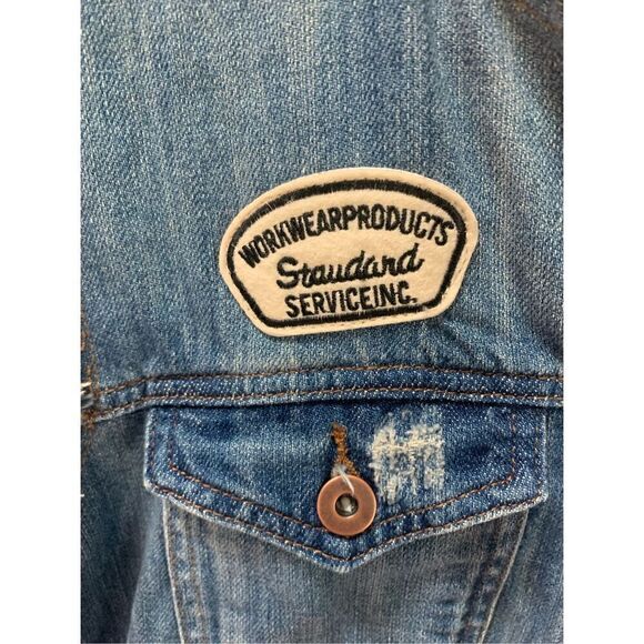 Forever 21 distressed jean hooded jacket with patchwork detail Medium - Picture 4 of 8